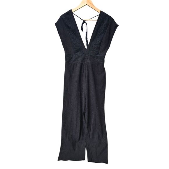 Zara Black Contrasting Short Sleeve V-Neck Open Back Jumpsuit Size M - Picture 3 of 11
